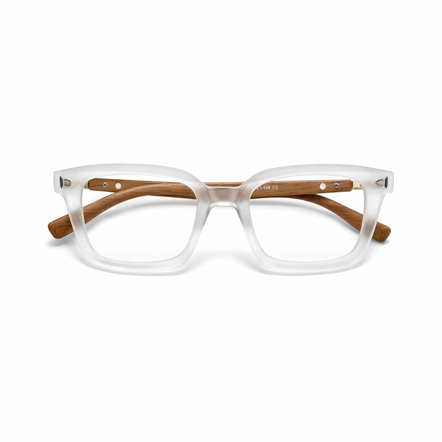 Crystal Clear Square Eyeglasses with Wooden Temples - Moscot